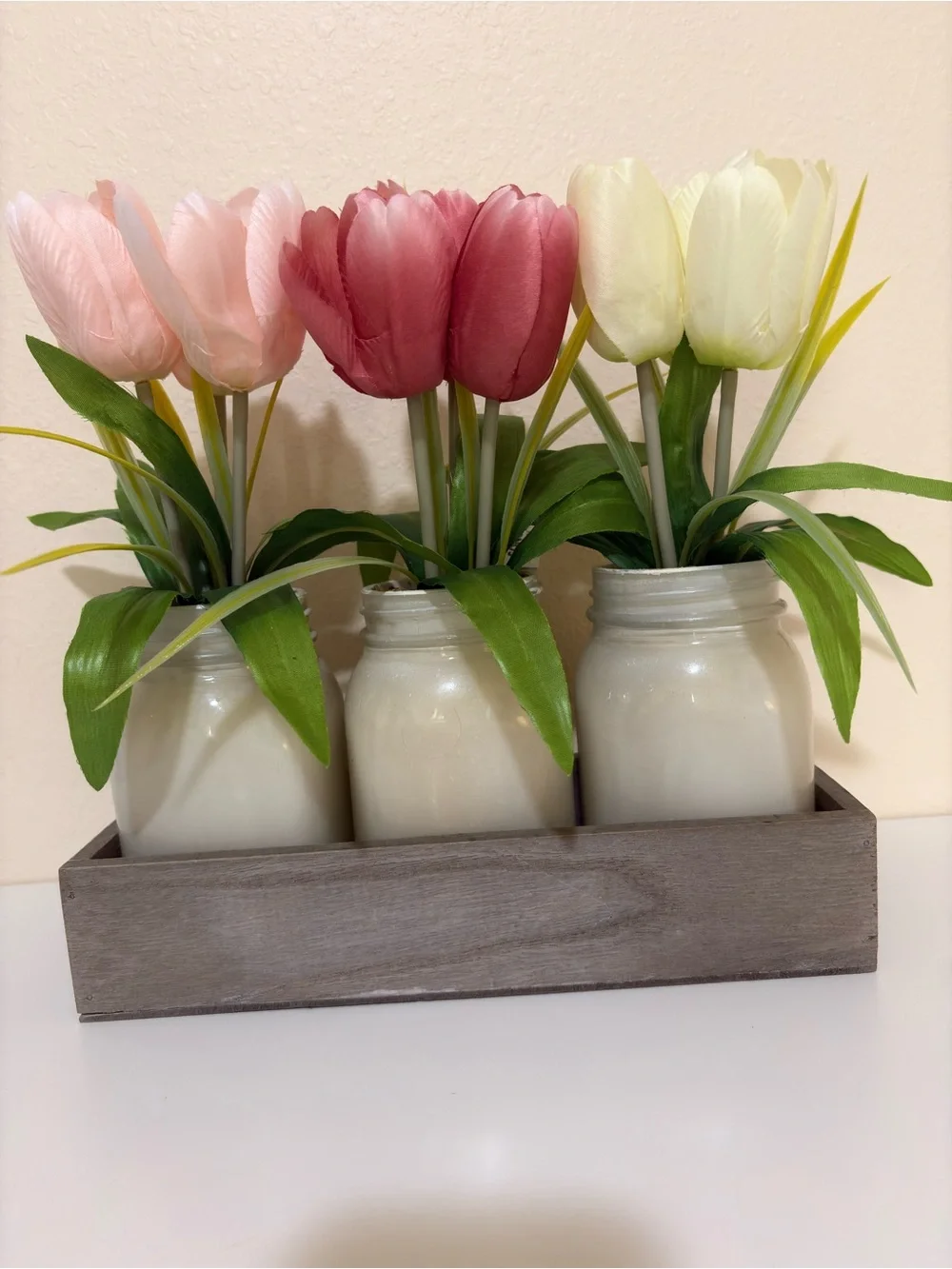 Sonoma Pink, Rose and Cream Tulip Trio in White Mason Jars